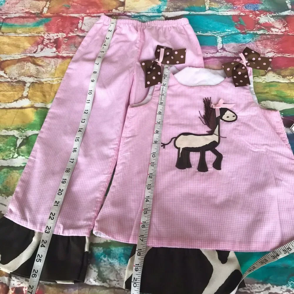 Ritzy Tots Pink White Gingham Horse Applique Outfit‎ Set NEW NWT Bows 5